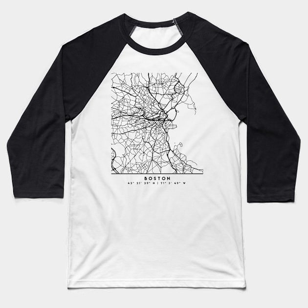 BOSTON MASSACHUSETTS BLACK CITY STREET MAP ART Baseball T-Shirt by deificusArt